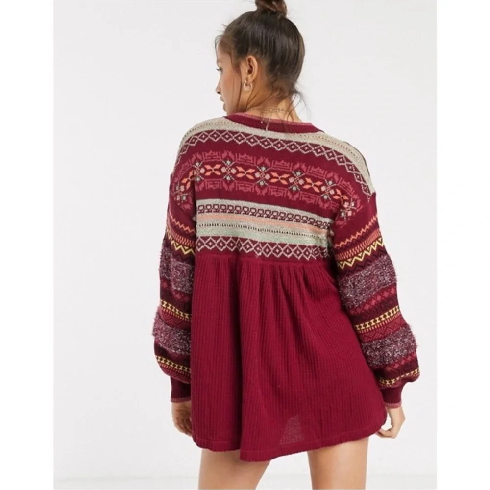 Free People Fair Isle Balloon Sleeve Babydoll Top Oversized Size XS - Picture 3 of 11